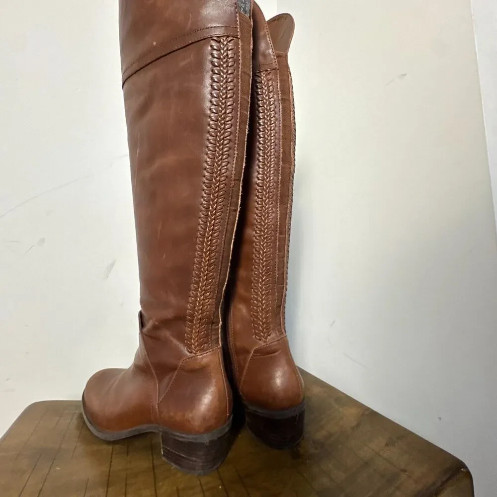 Vince Camuto Brown Leather Tall Riding Boots Braided Womens 7.5 Classic
